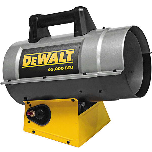 A black and yellow DeWalt forced air liquid propane heater.