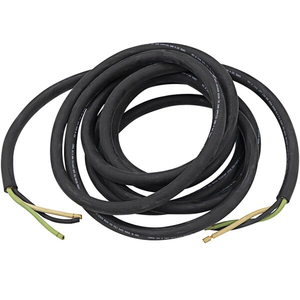 A black electrical cable with yellow, white, and black wires.