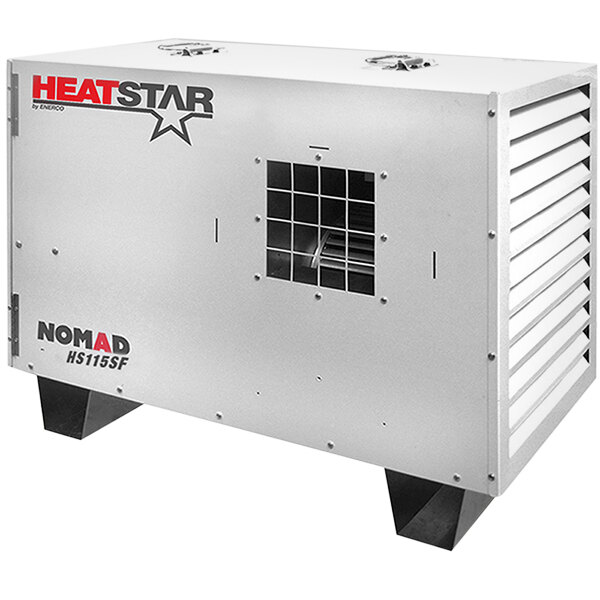 A white rectangular HeatStar NOMAD forced air box heater with a window vent.