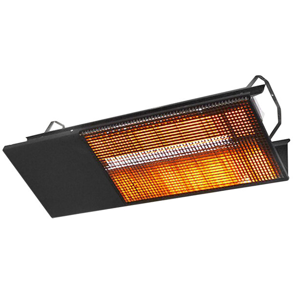 A close-up of a black and orange Heatstar overhead radiant patio heater with a wire mesh cover.