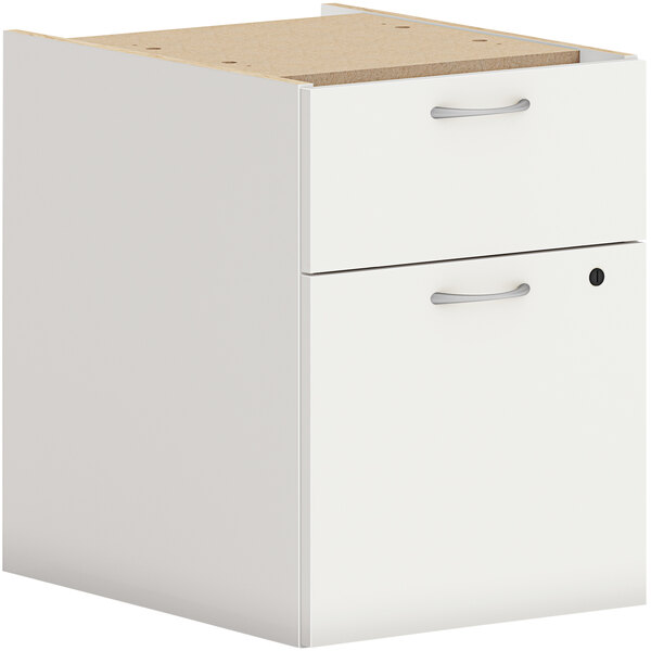 A HON Simply White hanging pedestal file cabinet with 1 file drawer.