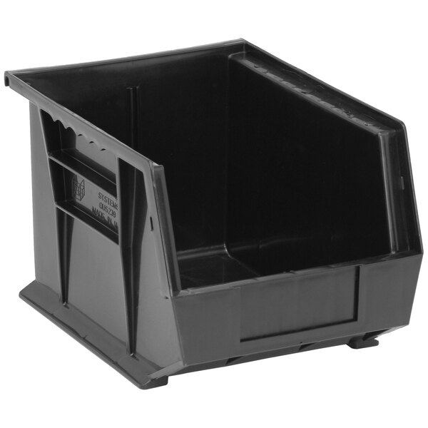A black plastic Quantum hanging bin with two compartments.