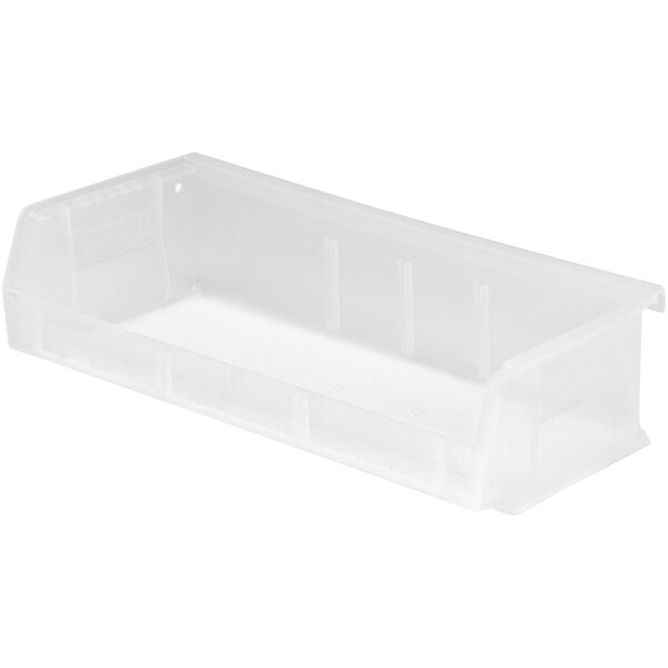 A clear plastic Quantum hanging bin container.