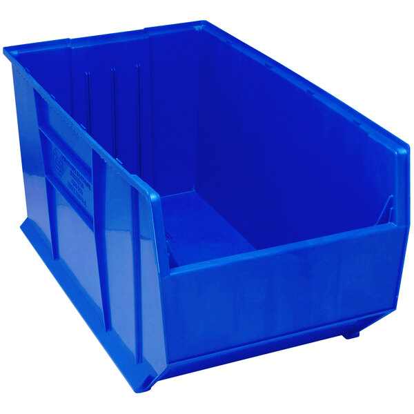A Quantum blue plastic storage bin.