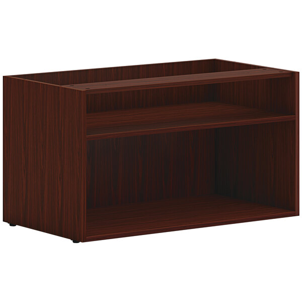 A HON traditional mahogany wood low open storage credenza shelf with two shelves.