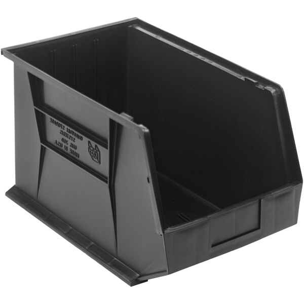 A Quantum black plastic hanging bin with a lid and handle.