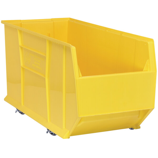 A Quantum yellow storage bin on wheels.