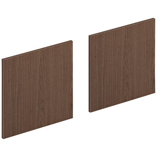 Two sepia walnut laminate wood panels for HON desk hutches.