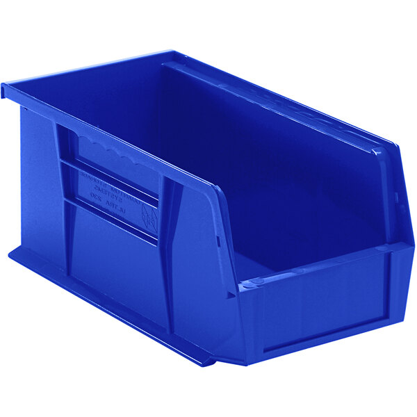 A blue Quantum hanging bin with a handle.