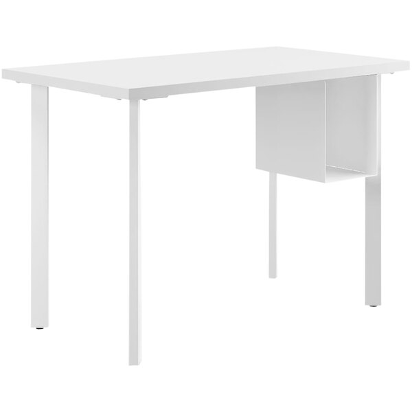 A white rectangular HON desk with a U-shaped shelf above the desktop.
