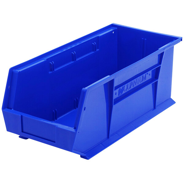 A blue plastic Quantum hanging bin with a handle.