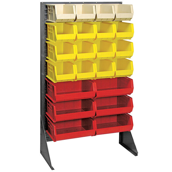 A Quantum grey steel louvered rack with red and yellow bins on it.