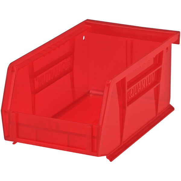 A red Quantum plastic hanging bin.