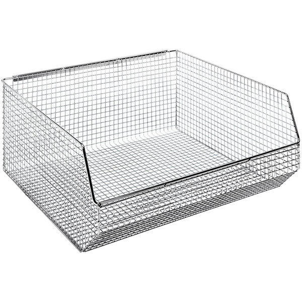 A Quantum chrome wire mesh basket with a handle.