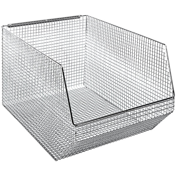 A Quantum chrome wire mesh bin with a black handle.