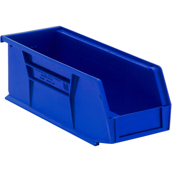 A blue Quantum plastic hanging bin with a handle.
