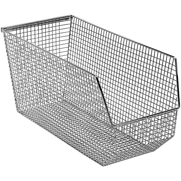 A Quantum chrome wire mesh bin with a metal handle.