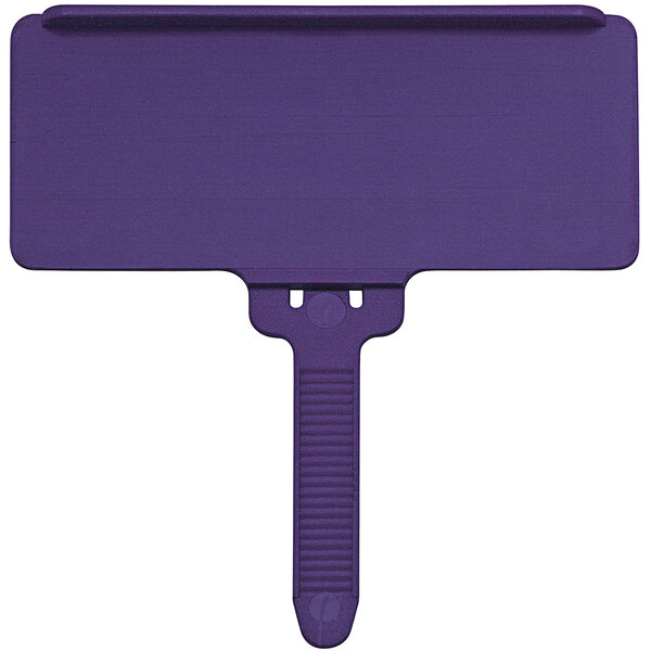 A purple plastic label holder with a metal clip.