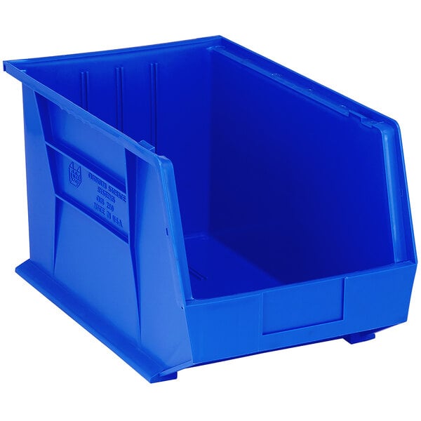 A blue Quantum plastic hanging bin.