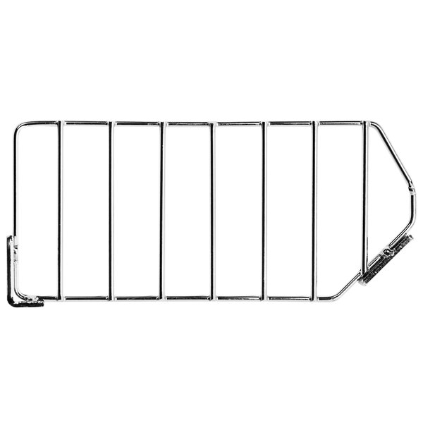 A Quantum chrome wire mesh divider for a metal bin with four rows of metal bars.