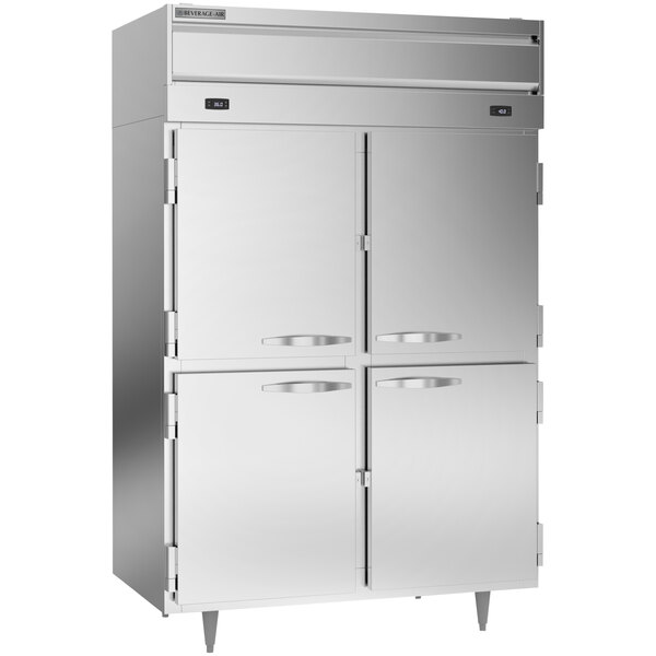 A stainless steel Beverage-Air refrigerator with two half doors.