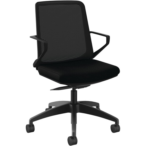 A black HON Cliq office chair with black arms and fabric.