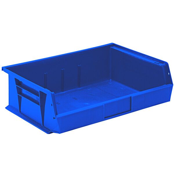 A blue plastic Quantum hanging bin with handles.