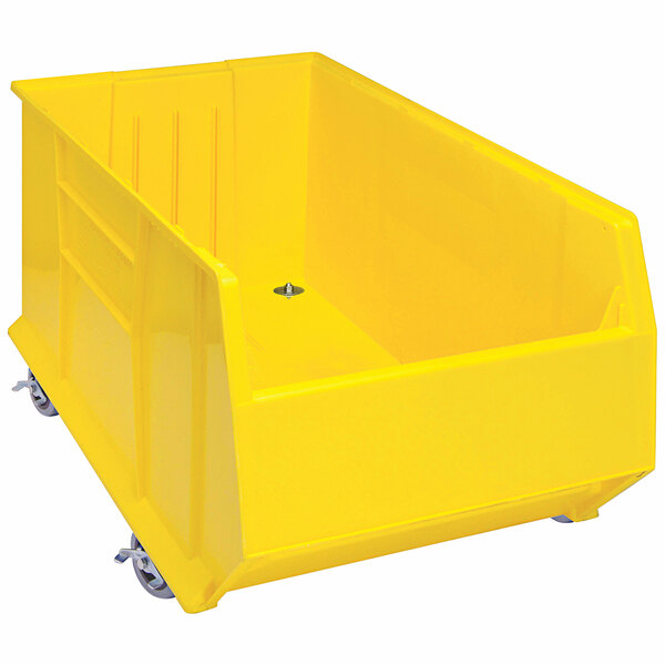 A yellow plastic container with wheels.