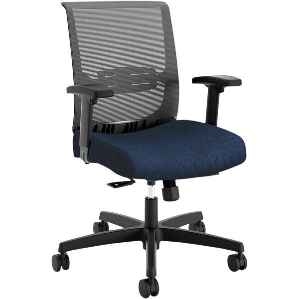 A black office chair with navy vinyl seat and arms.