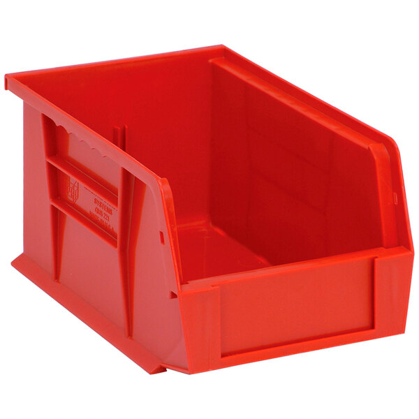 A red Quantum plastic hanging bin.