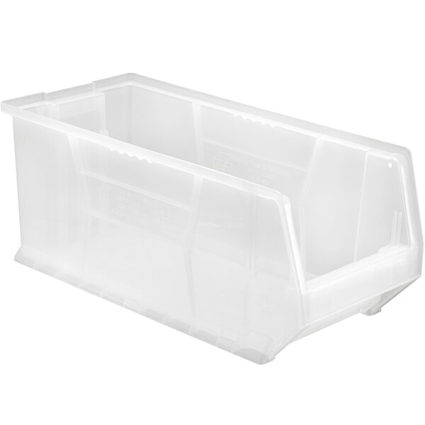 A Quantum clear plastic bin with a clear lid.