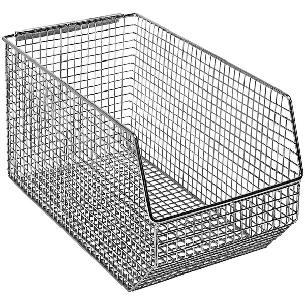 A Quantum chrome wire mesh bin with a wire handle.
