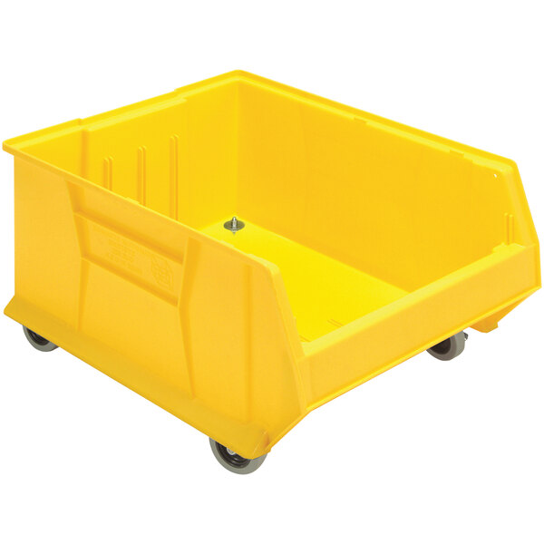 A Quantum yellow plastic storage bin with wheels.