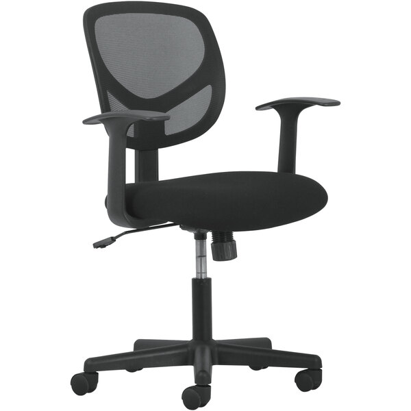 A HON Sadie black mid-back office chair with black mesh back and arms.