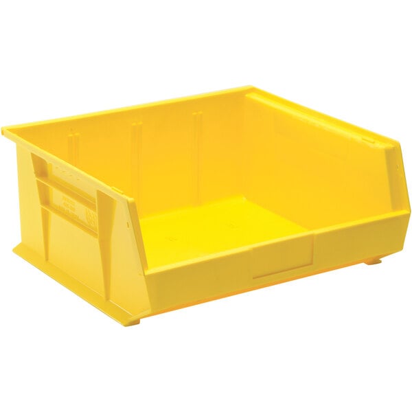 A yellow plastic Quantum hanging bin.