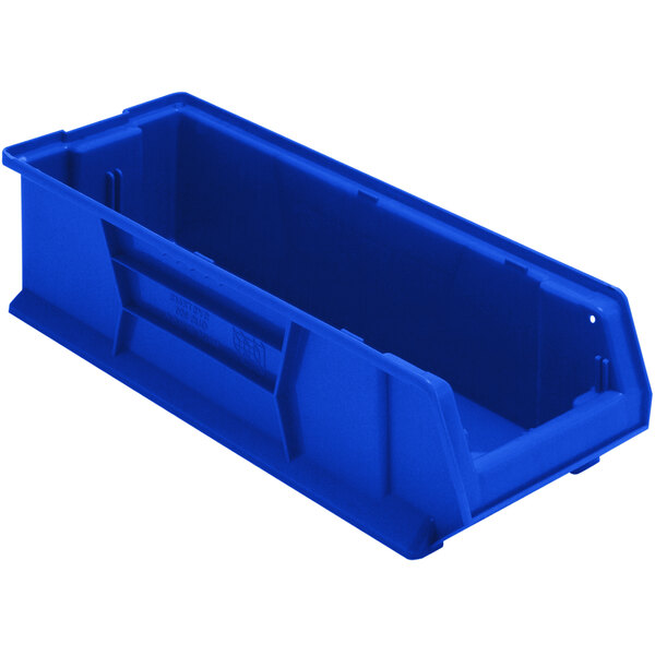 A Quantum blue plastic bin with a handle.