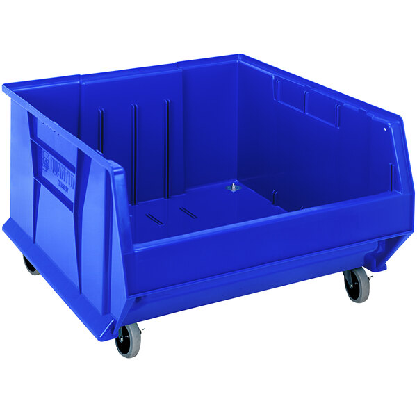 A Quantum blue plastic container with wheels.