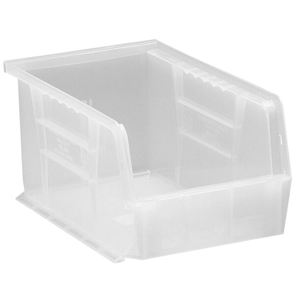 A Quantum clear plastic hanging bin with a lid.