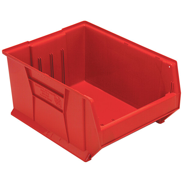 A Quantum red plastic bin with a white background.