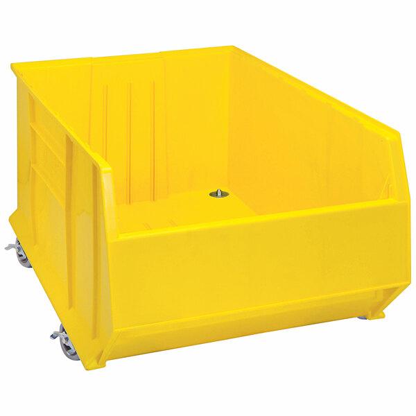 A Quantum yellow plastic bin on wheels.