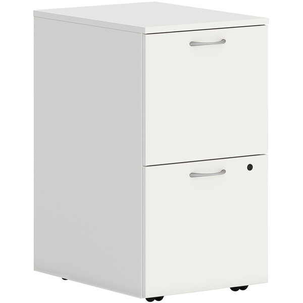 A white HON mobile pedestal with 2 file drawers and silver handles.