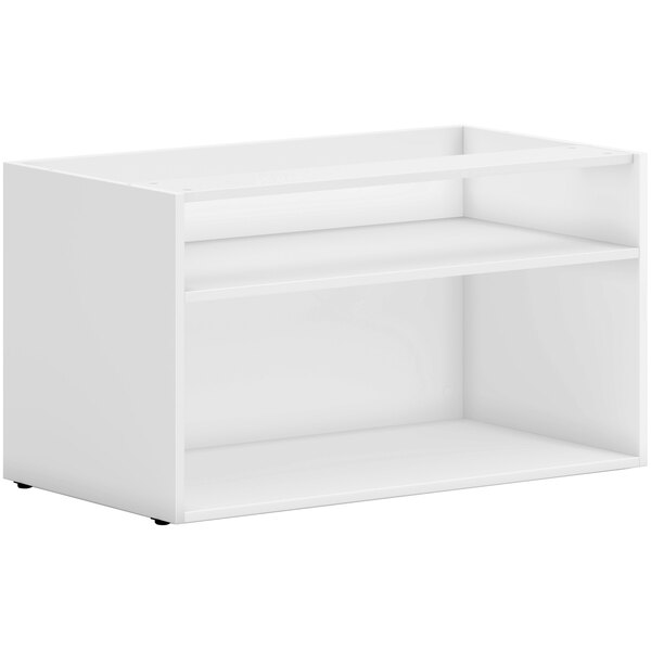 A white HON low open storage credenza shelf with two shelves.