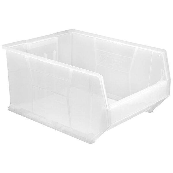 A Quantum clear plastic container with a lid.
