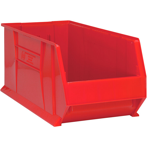 A Quantum red plastic bin with a lid.