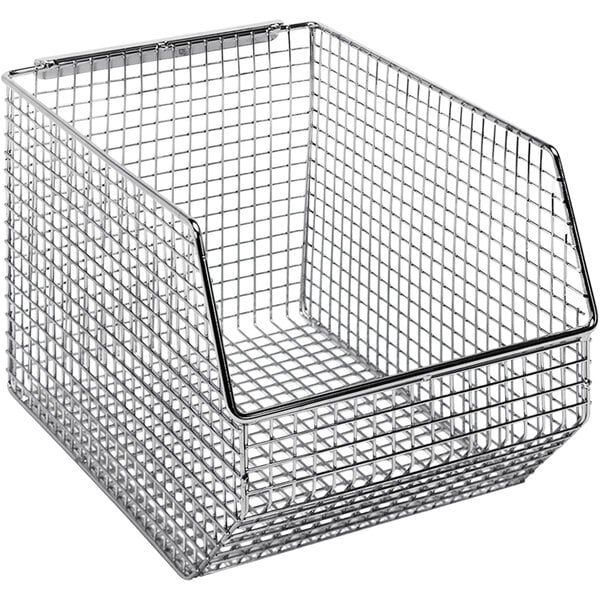 A Quantum chrome wire mesh bin with a wire handle.