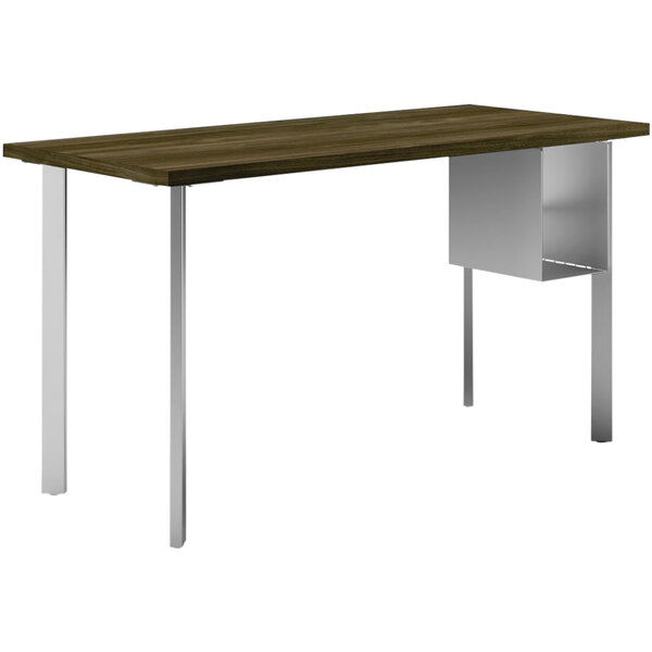 A brown rectangular HON Coze desk with metal legs.