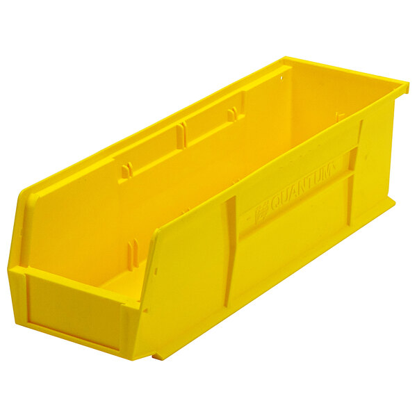 A yellow Quantum plastic hanging bin with the lid open.