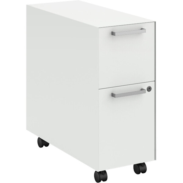 A white mobile slim pedestal with two drawers on wheels.