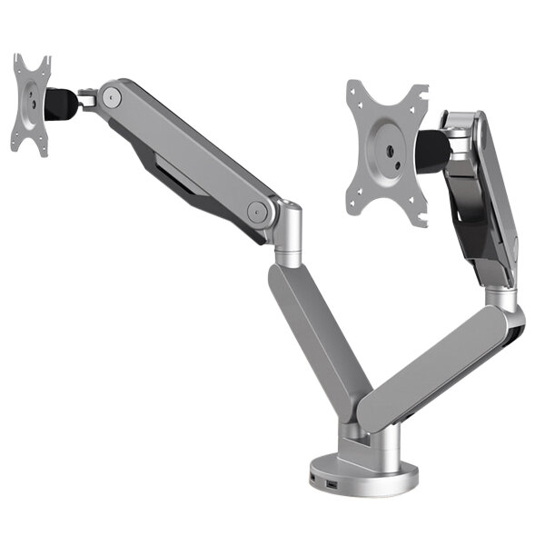 A silver HON mechanical arm holding two computer monitors.