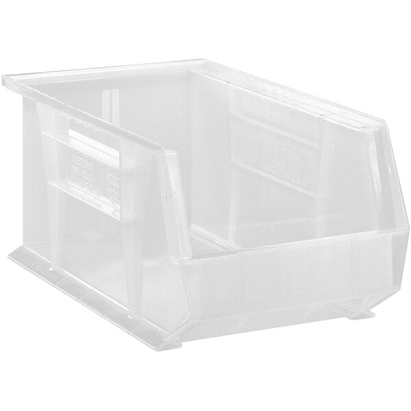 A Quantum clear plastic bin with a handle.